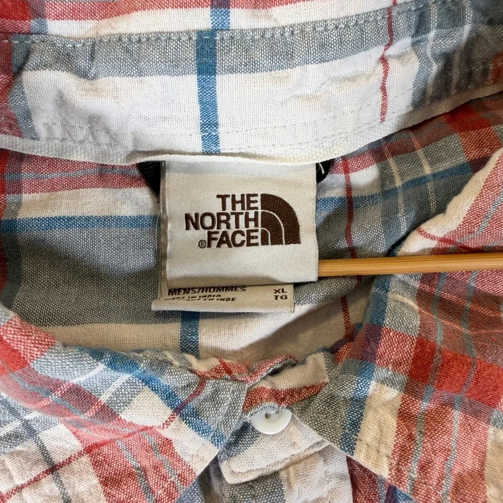 The North Face Mens XL Red Blue Plaid Short Sleeve Hemp Cotton Shirt NF0A5J9Z